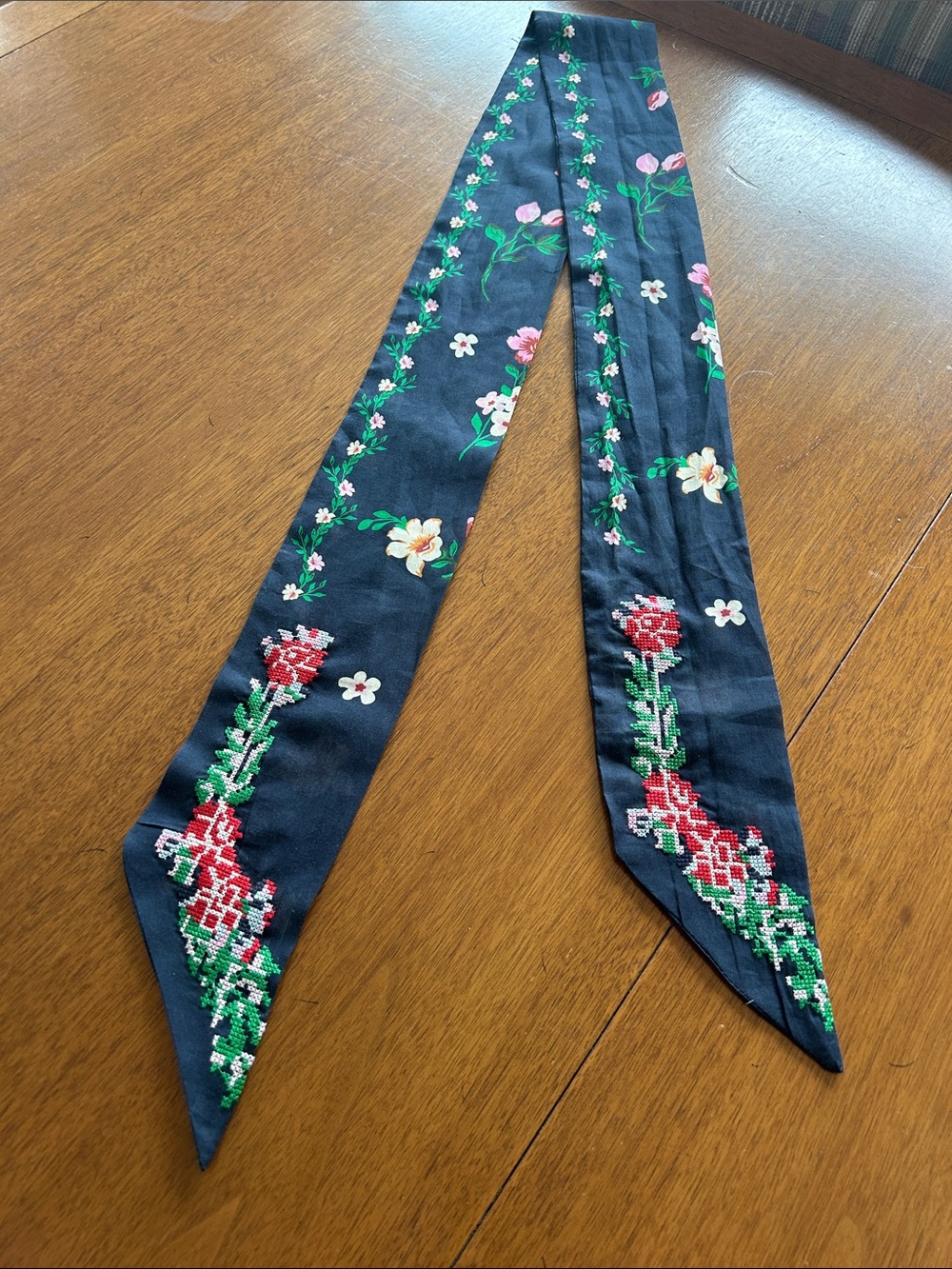 Floral Embroidered Blue Twilly Scarf - Brand Unspecified